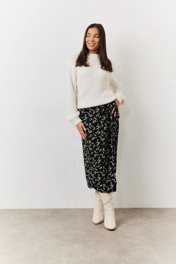 Black Floral Wrap Midi Skirt